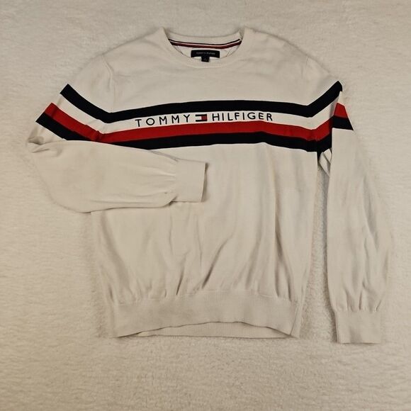 Vtg Tommy Hilfiger Sweat Shirt Mens M White Big Logo‎ Crewneck Knit Pullover Y2K - Picture 1 of 9